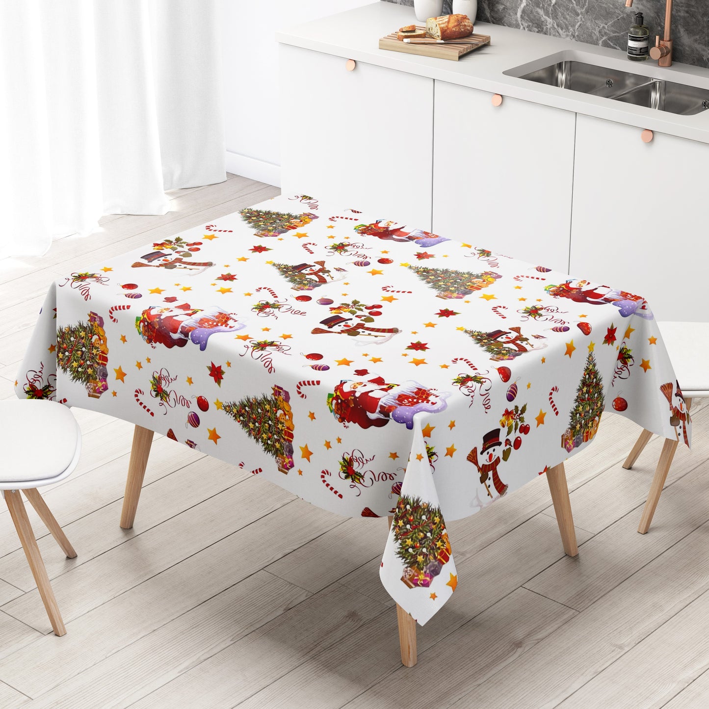 KEVKUS Wachstuch Tischdecke Weihnachten 01188-04 Schneemann Weihnachtsmann weiß eckig rund oval
