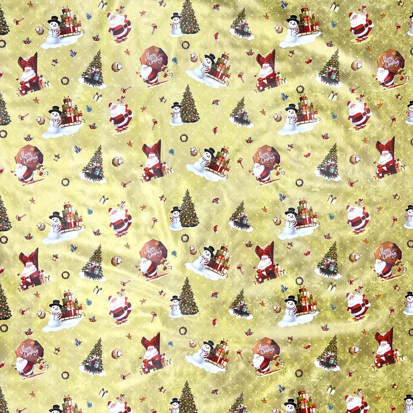 KEVKUS oilcloth tablecloth Christmas 01334-01 snowman Santa Claus gold square round oval