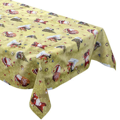 KEVKUS oilcloth tablecloth Christmas 01334-01 snowman Santa Claus gold square round oval