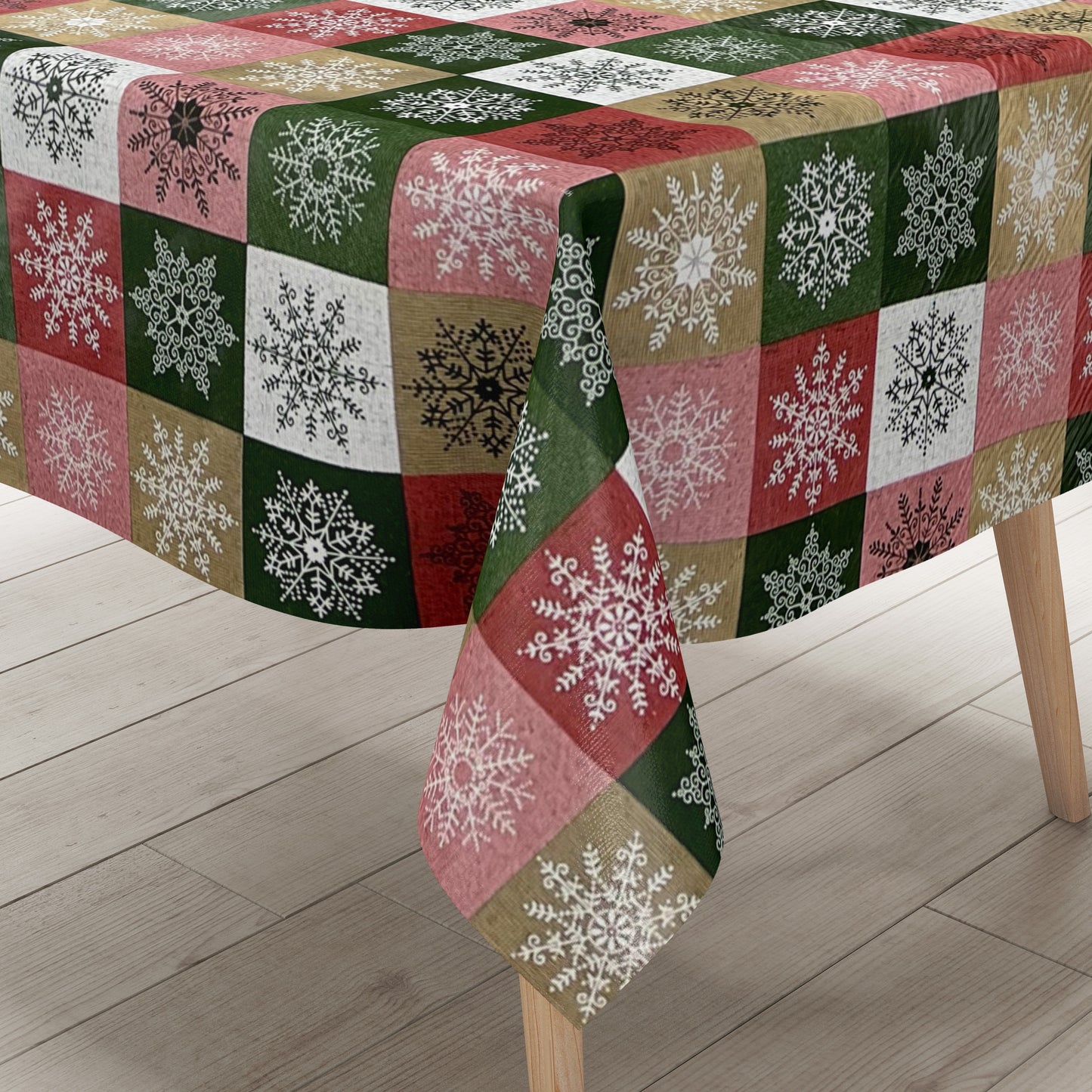 KEVKUS nappe cirée Noël 01355-05 flocons de neige carreaux rouge vert or carrée ronde ovale