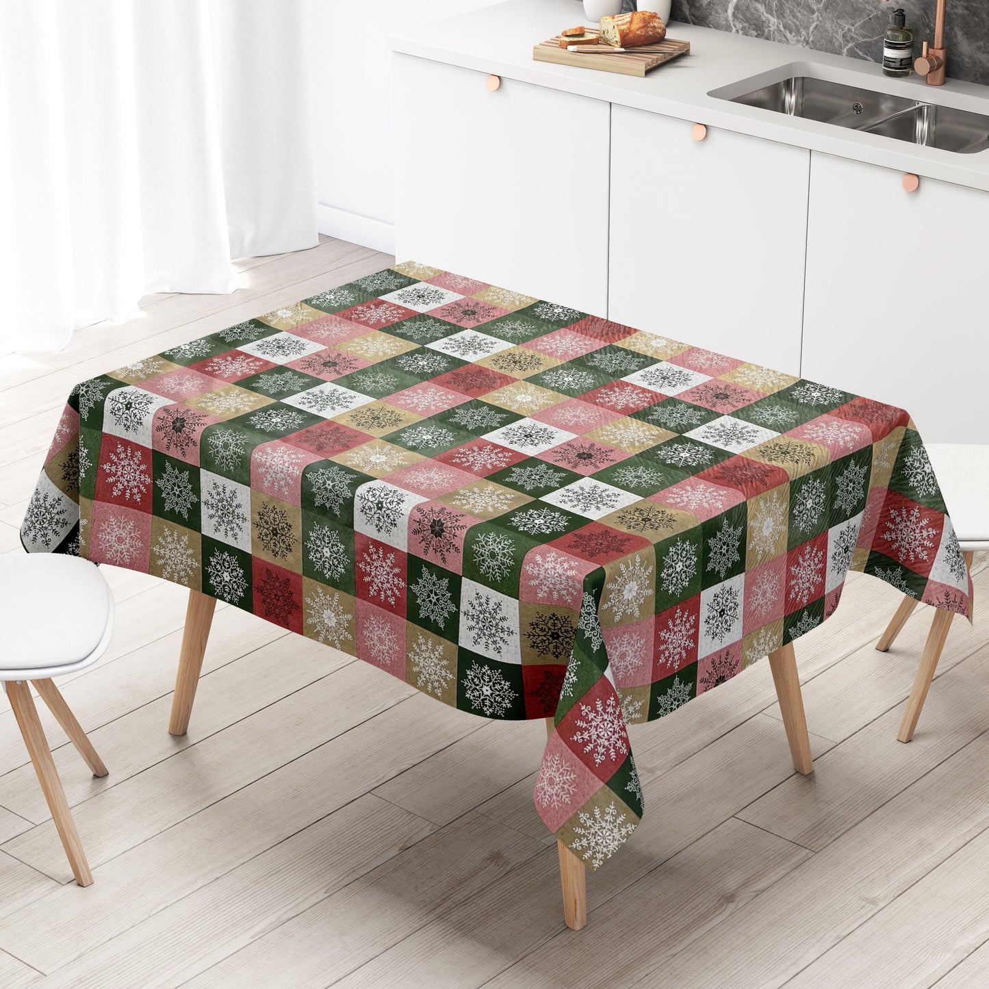 KEVKUS nappe cirée Noël 01355-05 flocons de neige carreaux rouge vert or carrée ronde ovale