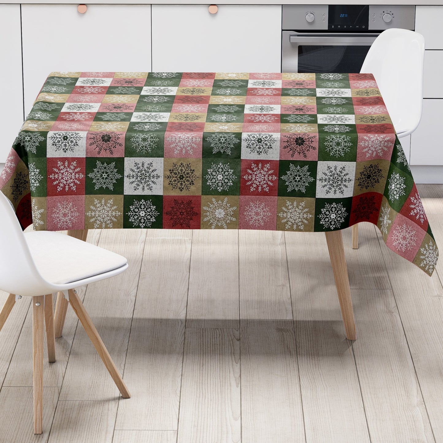 KEVKUS nappe cirée Noël 01355-05 flocons de neige carreaux rouge vert or carrée ronde ovale