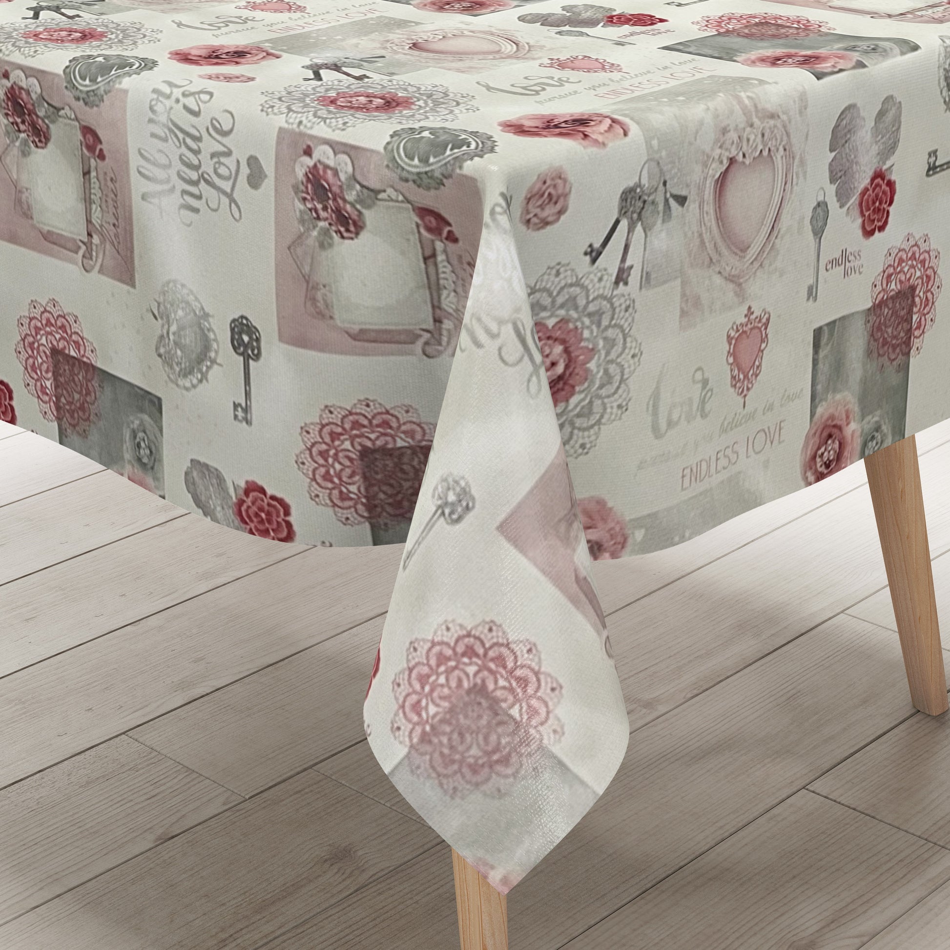 Wachstuch Tischdecke Rosen Schlüssel rosa