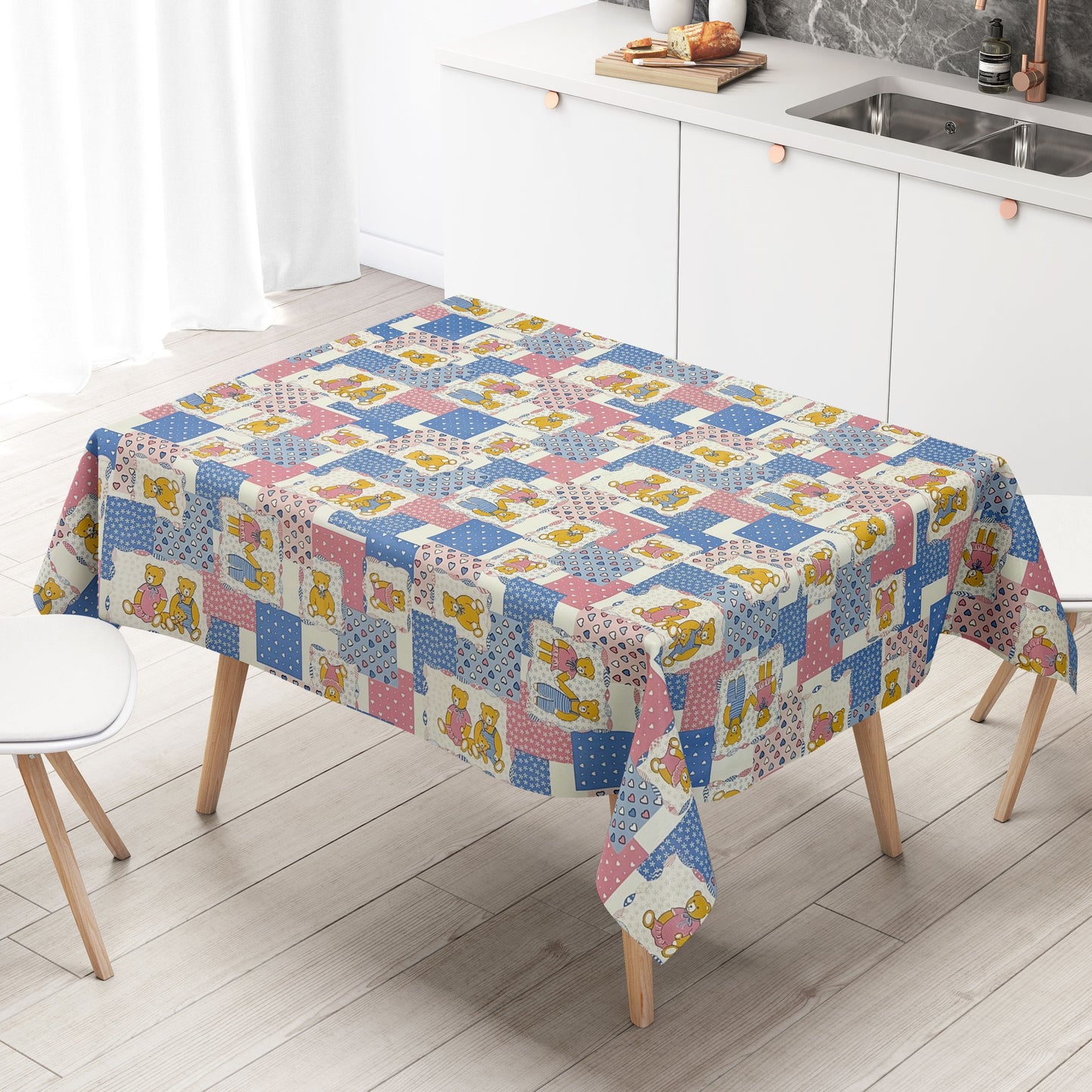 Wachstuch Tischdecke 4068-15 Teddy Kindermotiv rosa hellblau eckig rund oval