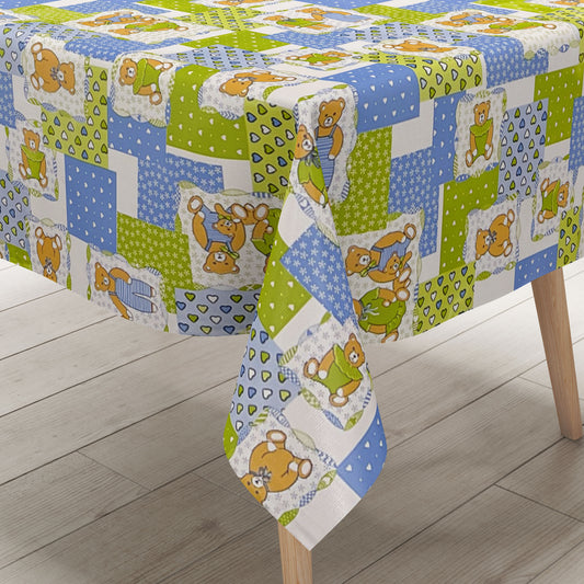 Nappe toile cirée 4068-36 motif enfant teddy vert clair bleu clair carrée ronde ovale
