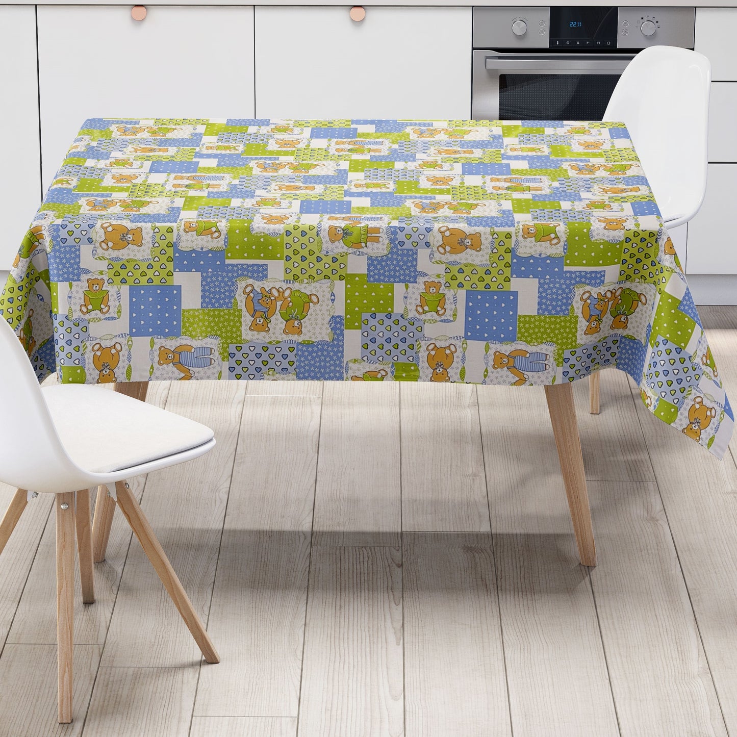 Wachstuch Tischdecke 4068-36 Teddy Kindermotiv hellgrün hellblau eckig rund oval