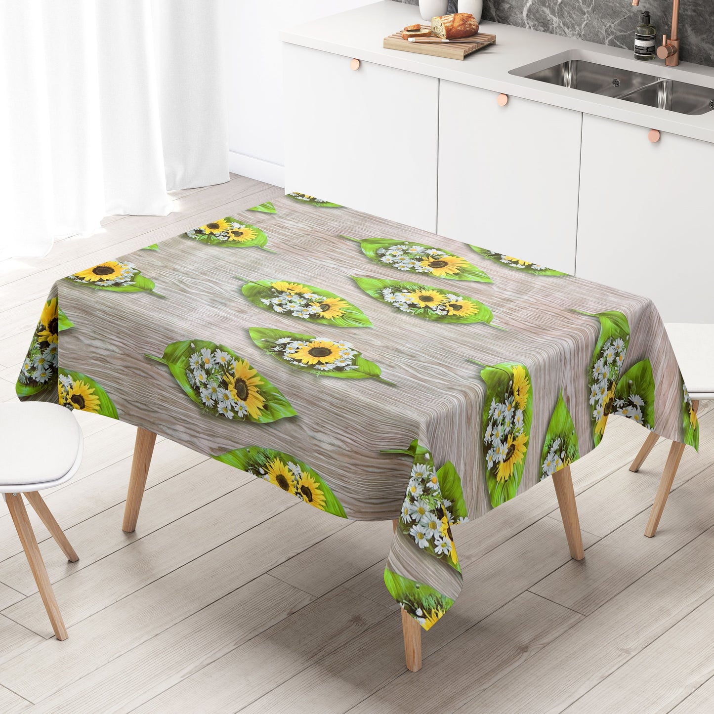 Oilcloth tablecloth AN10 sunflowers daisies wood square round oval