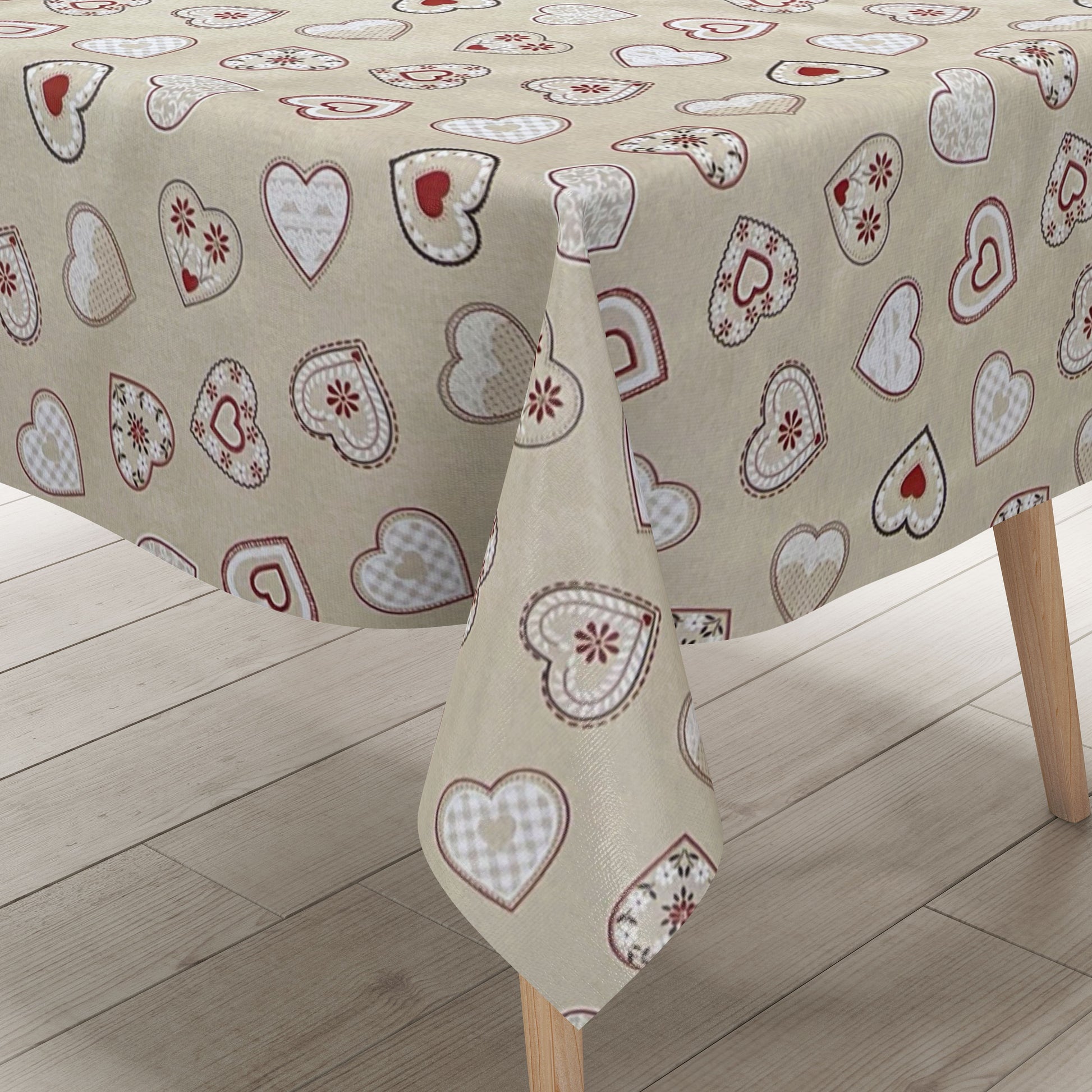 abwaschbare Wachstuch Tischdecke eckig rund oval Landhaus Herzen beige Stricke Almeckig rund oval kaufen
