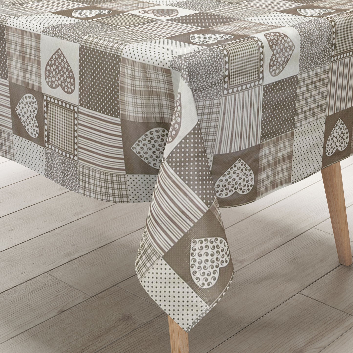 Wachstuch Tischdecke B1804-01 Landhaus Herzen karo beige eckig rund oval