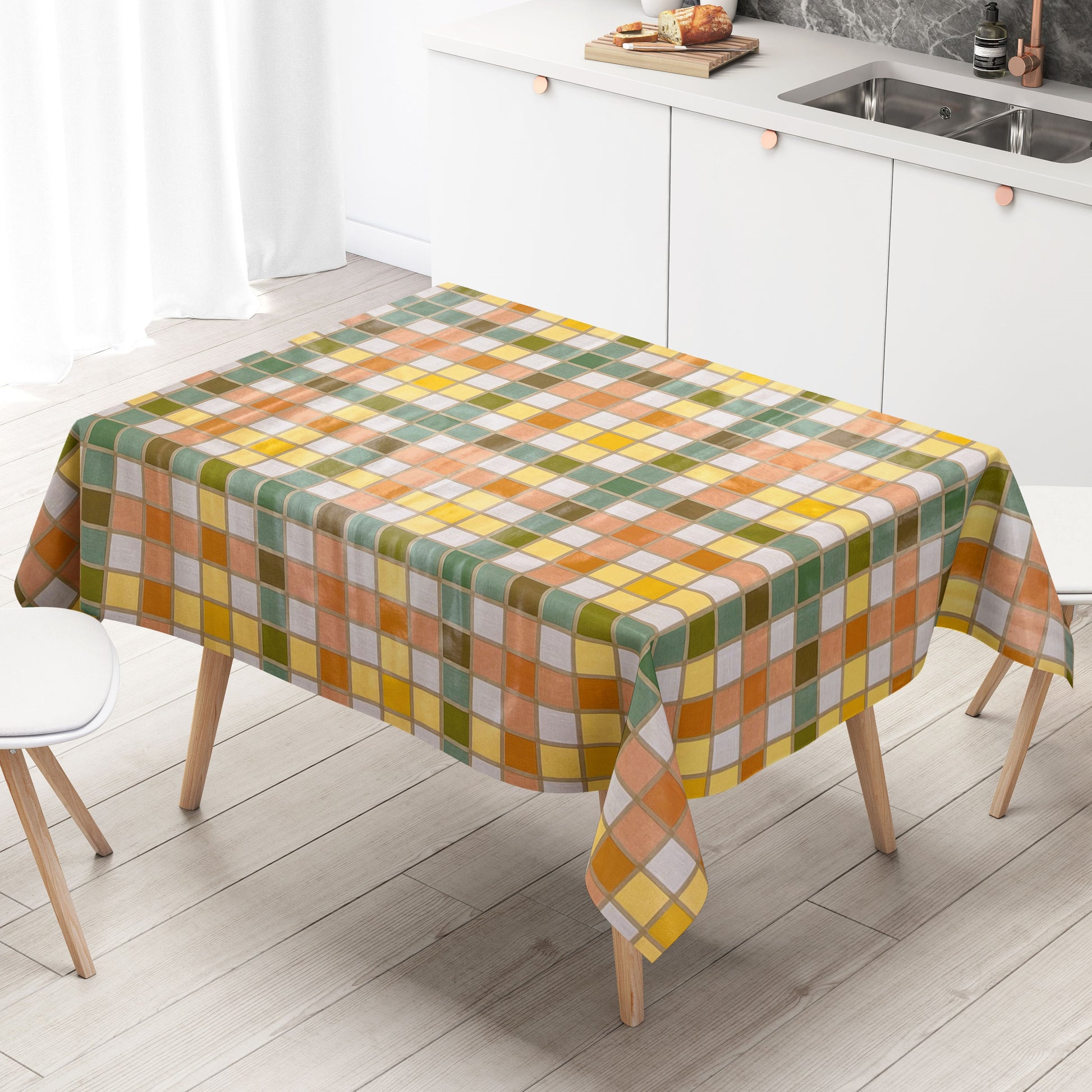 abwaschbare Tischdecke, Wachstuchtischdecke, Wachstuch, eckig rund oval Fliesen Mosaik orange grün gelb 