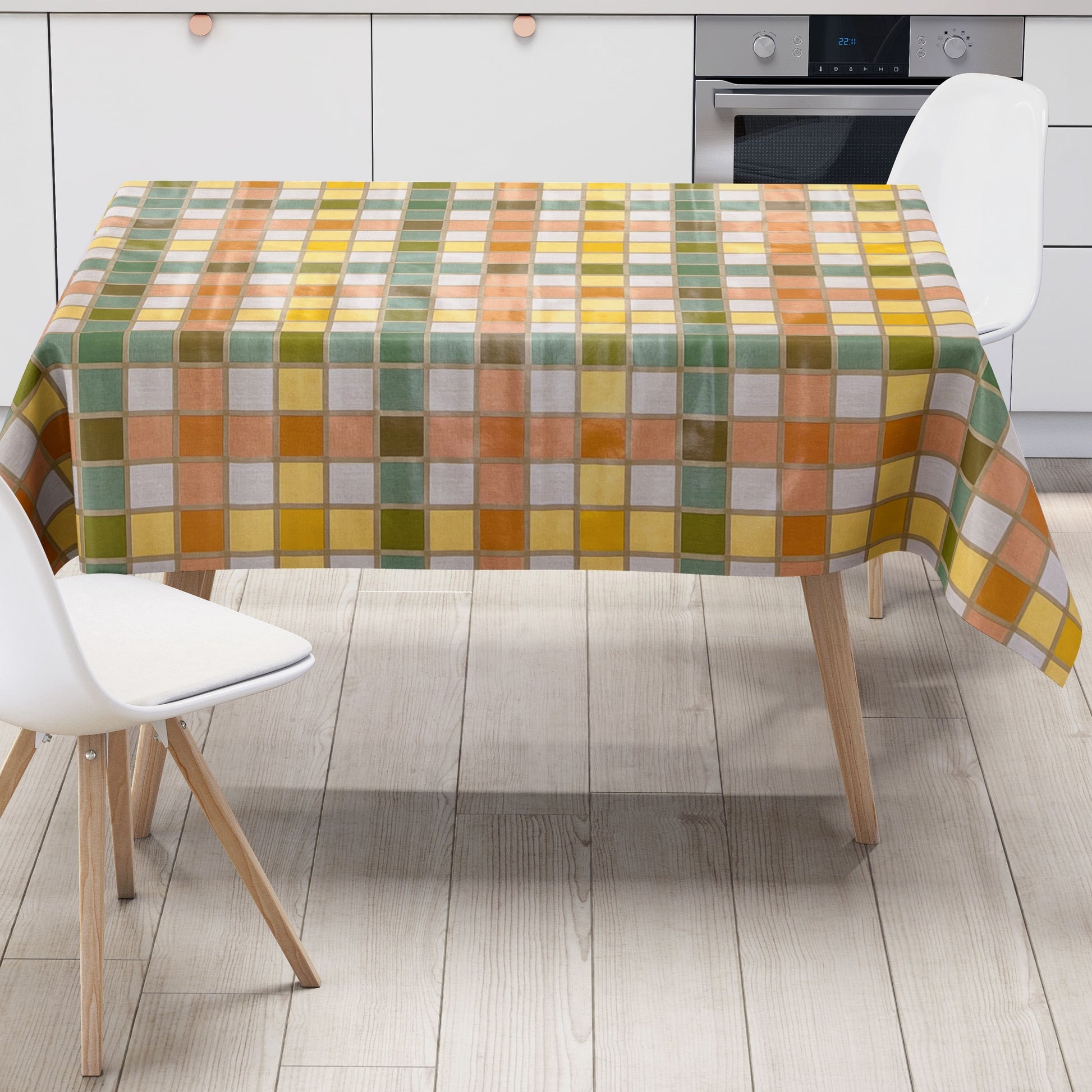 abwaschbare Tischdecke, Wachstuchtischdecke, Wachstuch, eckig rund oval Fliesen Mosaik orange grün gelb 