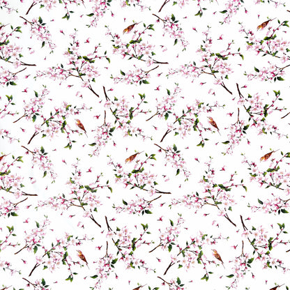 Oilcloth tablecloth B3888-01 cherry blossom titmouse on white square round oval