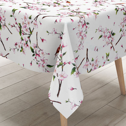Oilcloth tablecloth B3888-01 cherry blossom titmouse on white square round oval