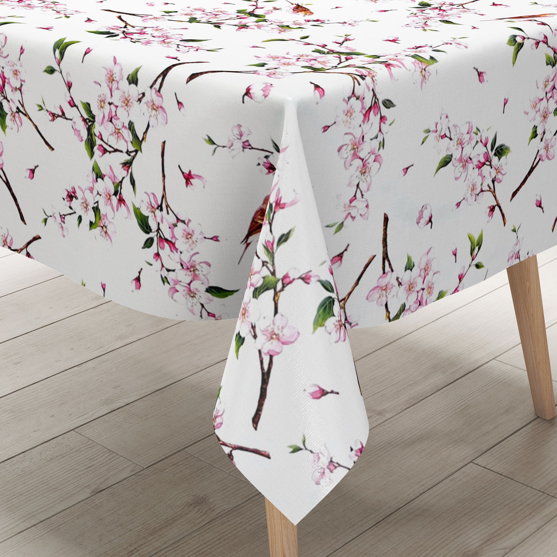 Wachstuch Tischdecke Kirschblüte Meise weiss