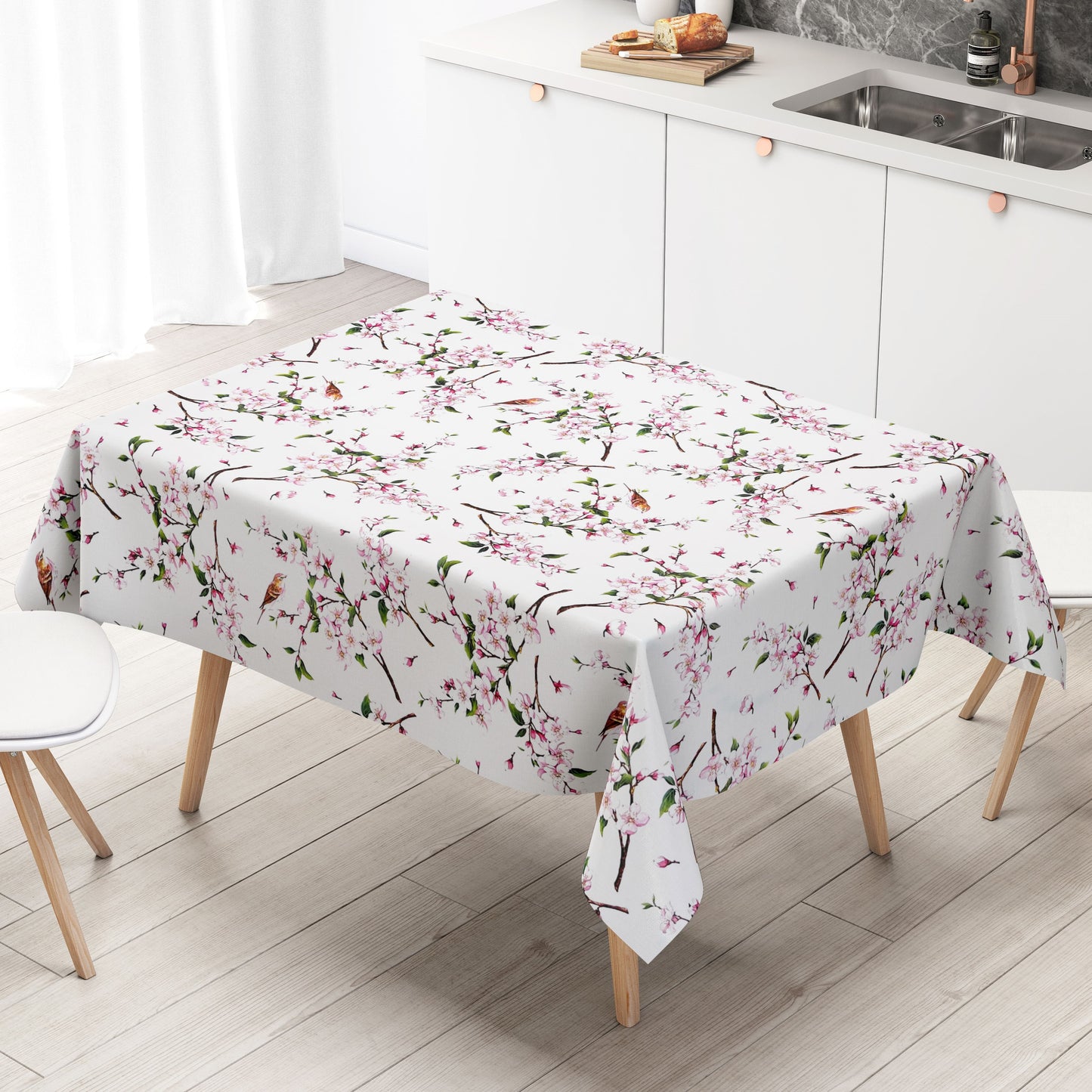 Nappe toile cirée B3888-01 mésange fleur de cerisier sur carré blanc ovale rond