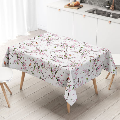 Wachstuch Tischdecke Kirschblüte Meise weiss