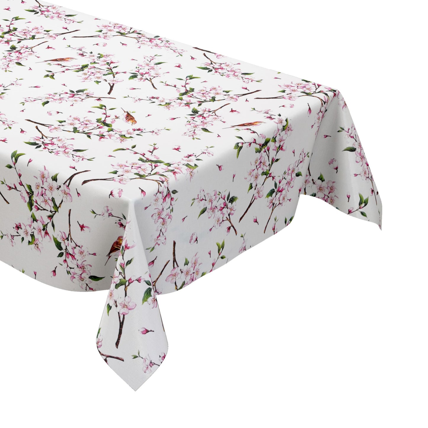 Nappe toile cirée B3888-01 mésange fleur de cerisier sur carré blanc ovale rond