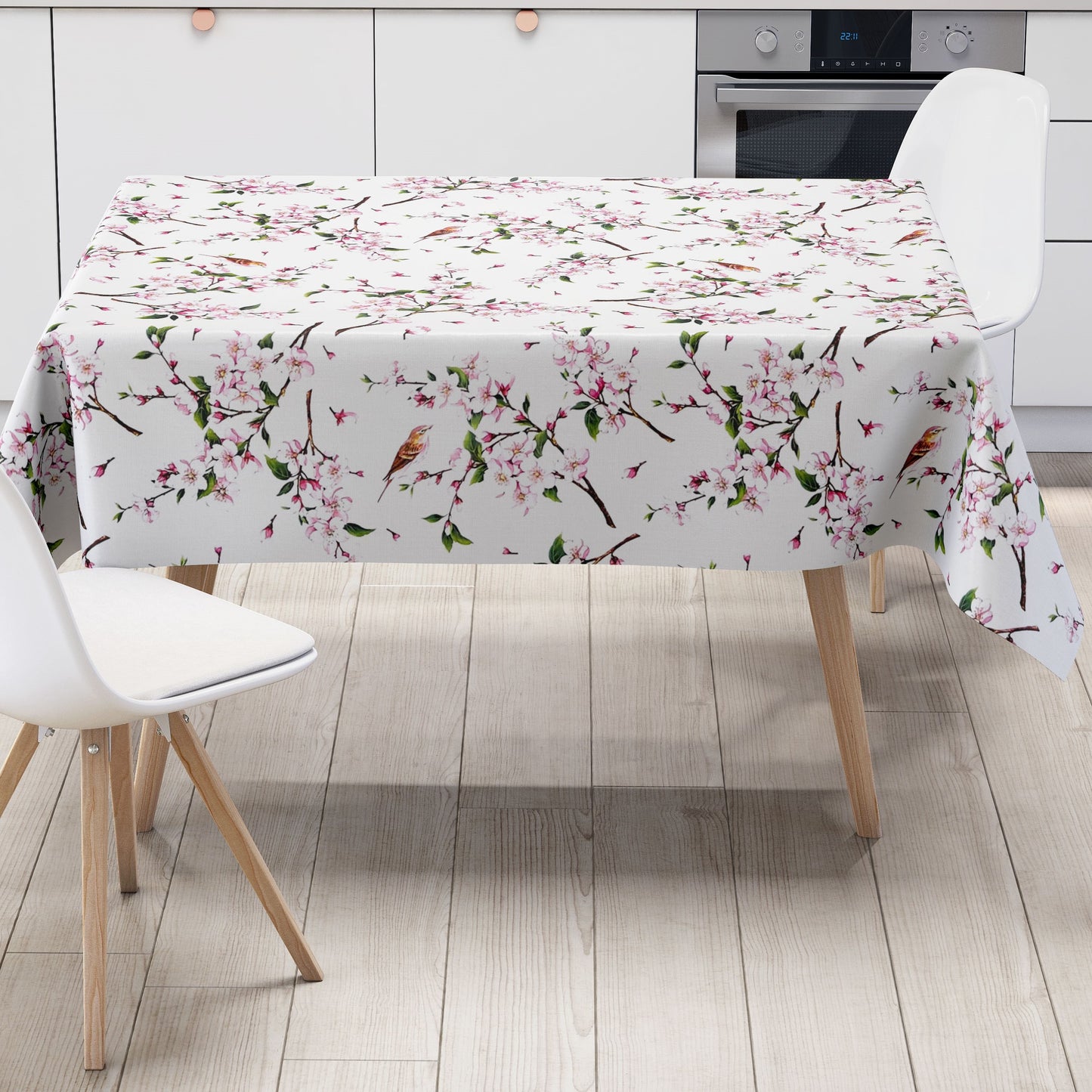 Wachstuch Tischdecke Kirschblüte Meise weiss