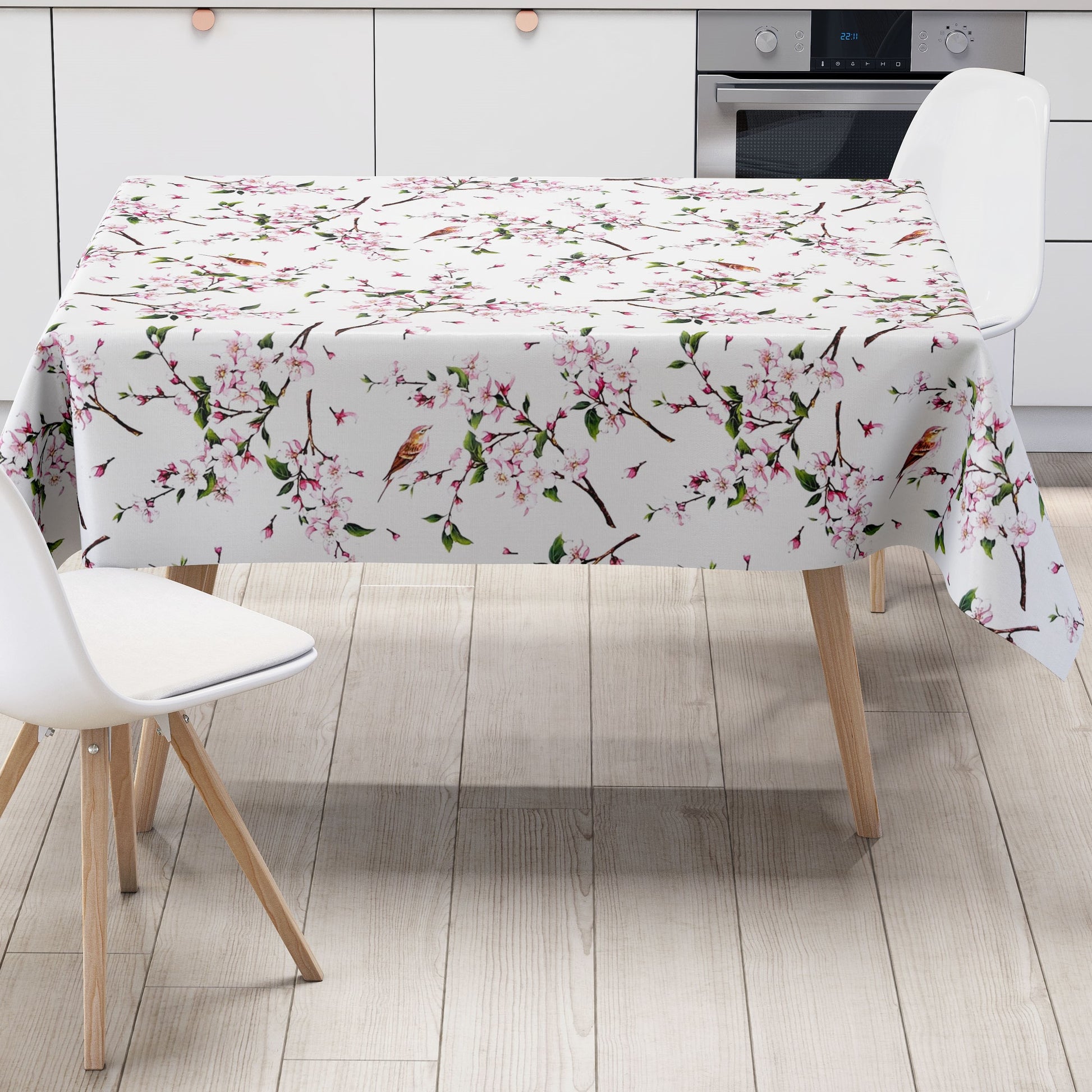 Wachstuch Tischdecke Kirschblüte Meise weiss