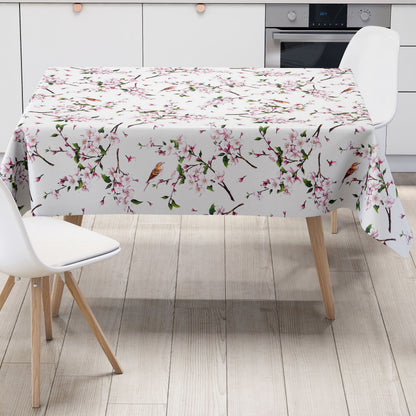 Wachstuch Tischdecke Kirschblüte Meise weiss