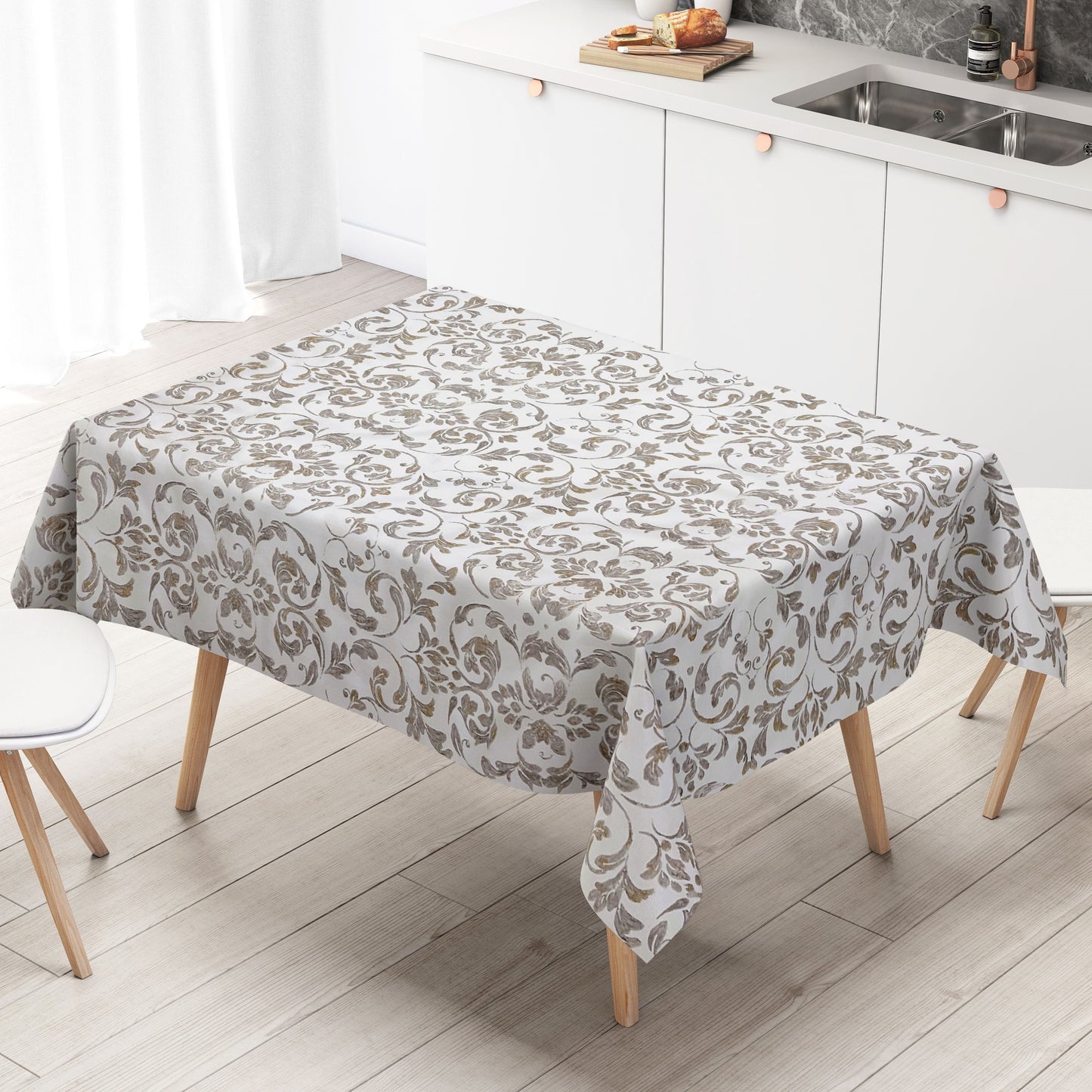 abwaschbare Wachstuch Tischdecke eckig rund oval Barock Ornamente Linien silber