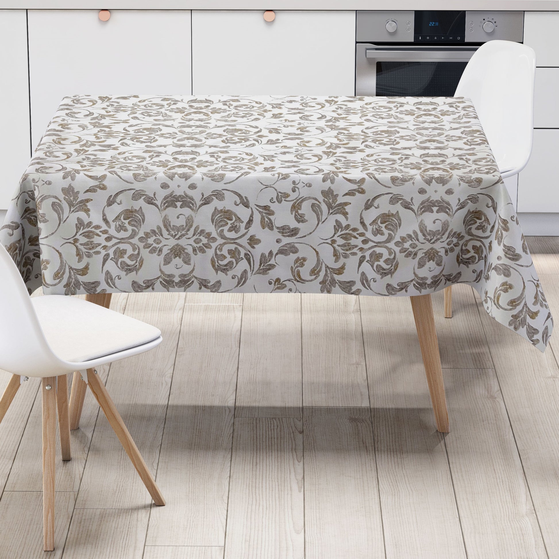 abwaschbare Wachstuch Tischdecke eckig rund oval Barock Ornamente Linien silber