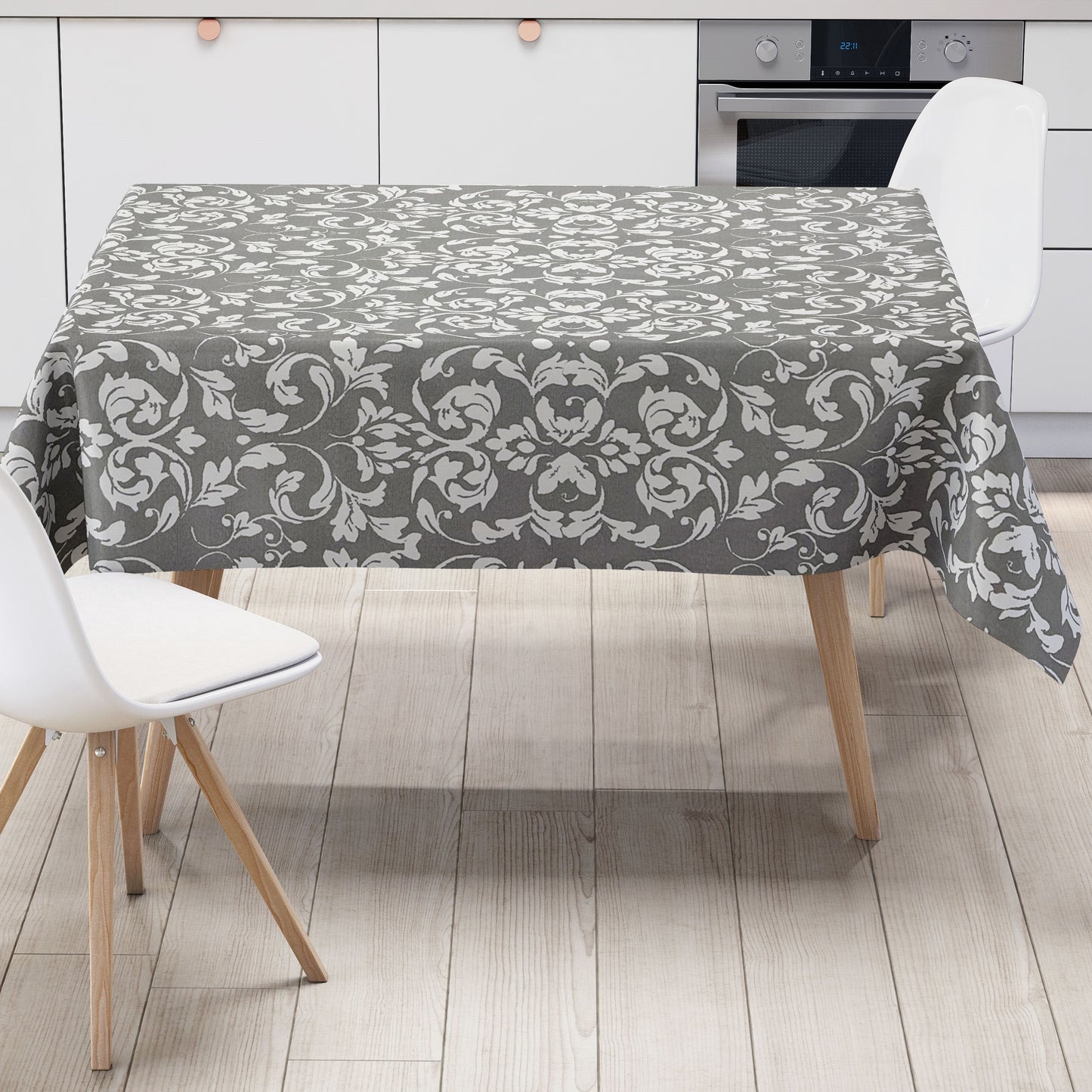 abwaschbare Wachstuch Tischdecke eckig rund oval Barock Ornamente Linien dunkelgrau