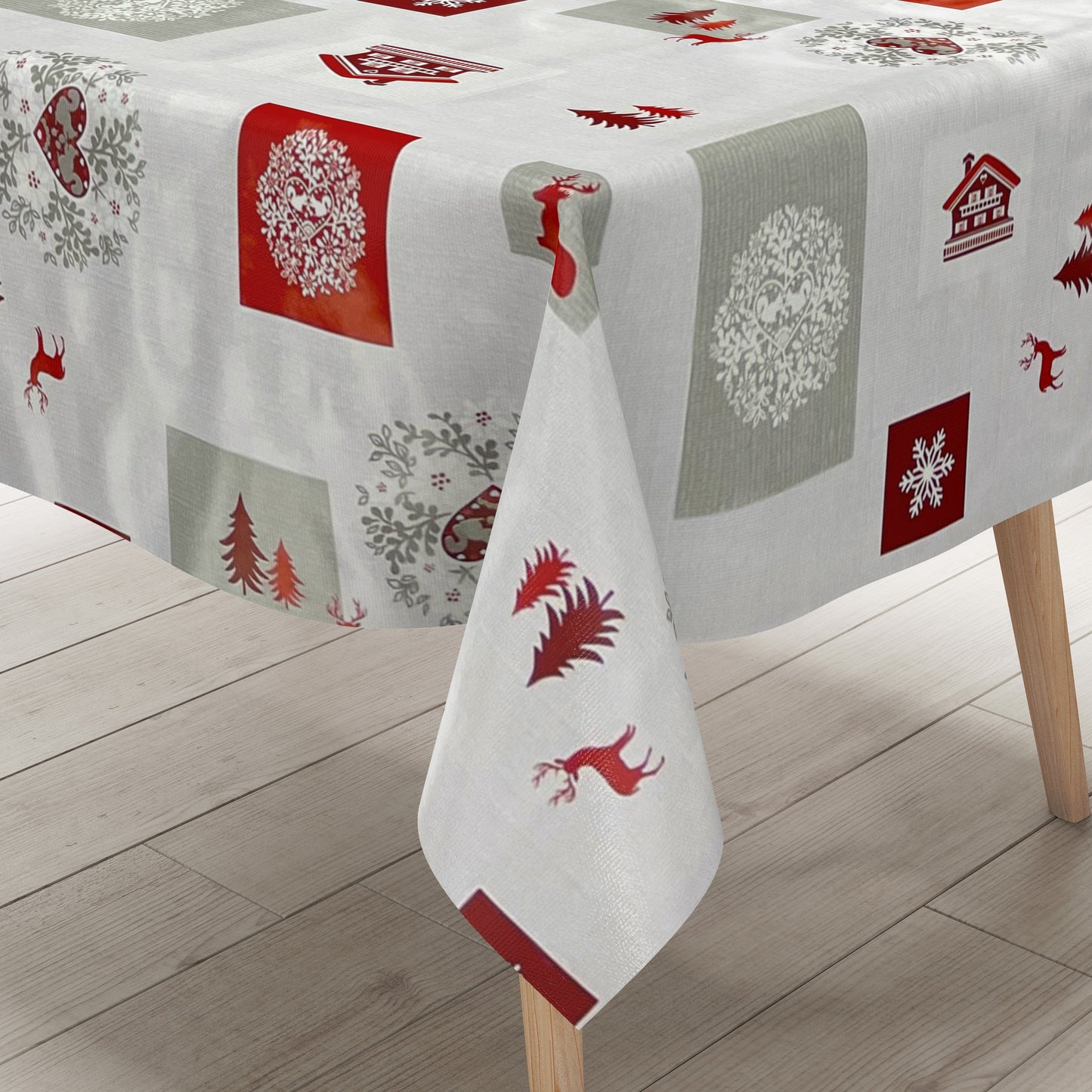 KEVKUS Wachstuch Tischdecke Weihnachten B4017-01 Rentier Schneeflocke rot grau eckig rund oval