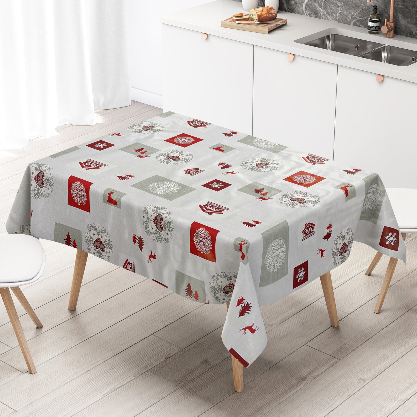 KEVKUS Wachstuch Tischdecke Weihnachten B4017-01 Rentier Schneeflocke rot grau eckig rund oval
