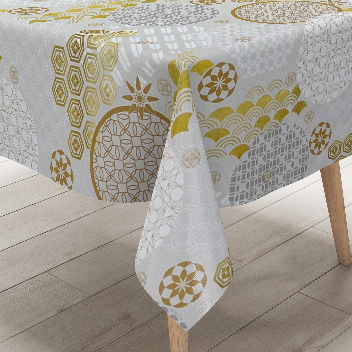 Oilcloth tablecloth embossed Christmas B5023-01 snowflake gold gray silver square round oval