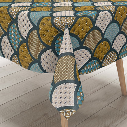 Oilcloth tablecloth embossed Christmas B5033-03 cones gold turquoise petrol square round oval