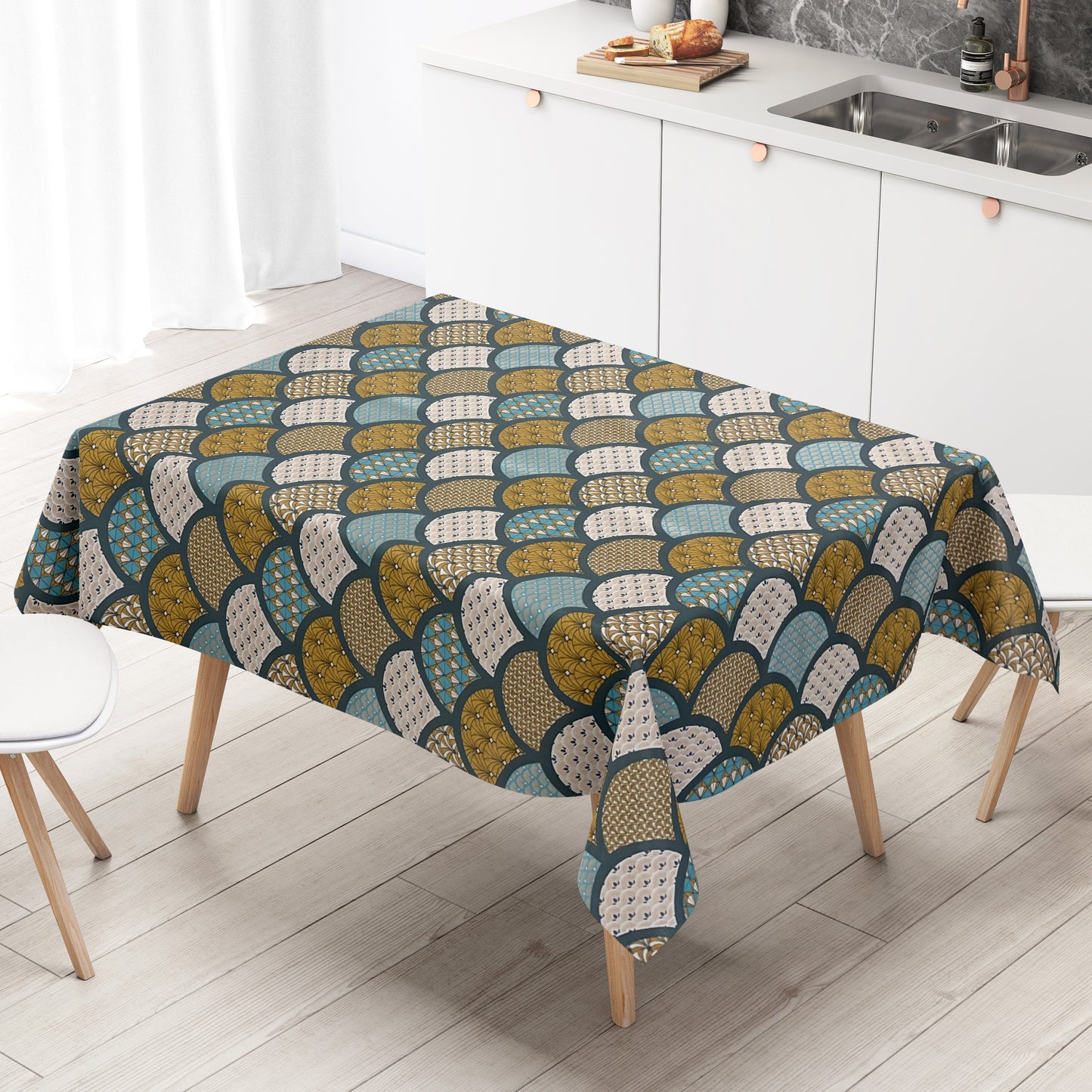 Oilcloth tablecloth embossed Christmas B5033-03 cones gold turquoise petrol square round oval