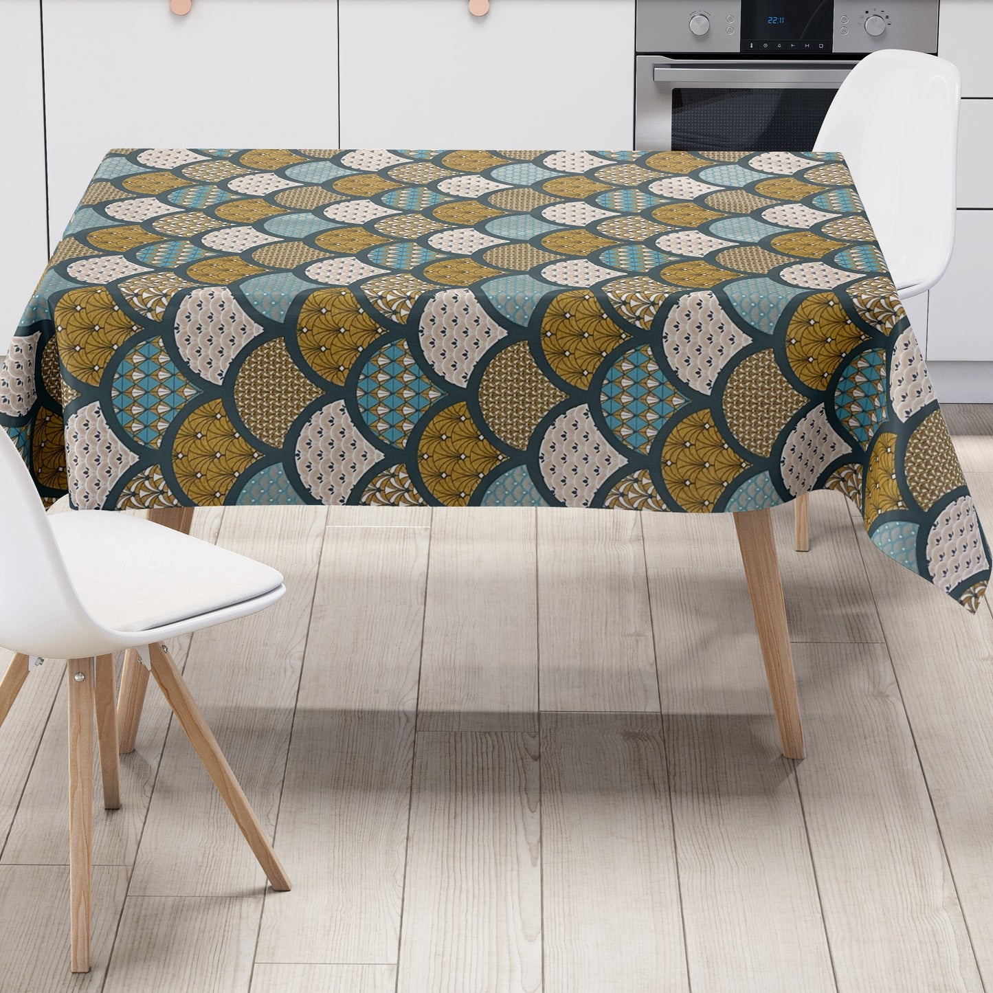 Oilcloth tablecloth embossed Christmas B5033-03 cones gold turquoise petrol square round oval