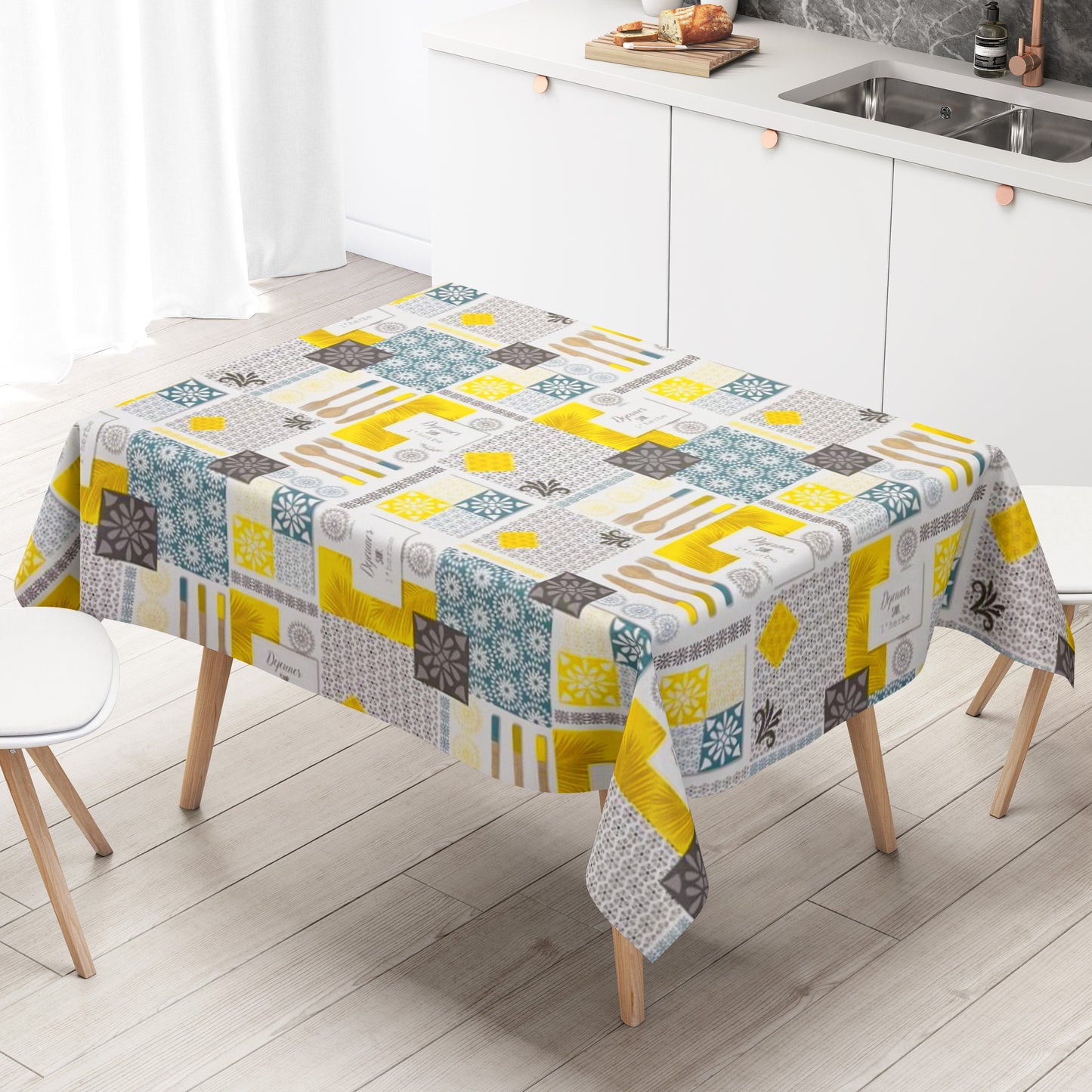 Wachstuch Tischdecke Besteck Küche gelb türkis