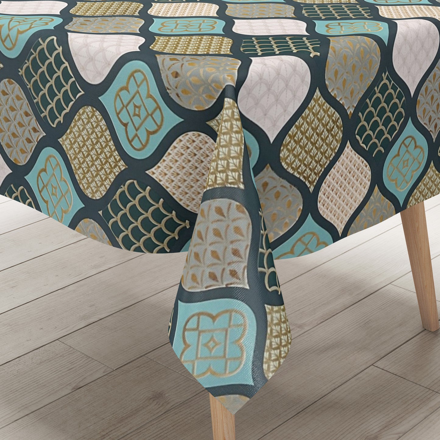 Oilcloth tablecloth embossed Christmas B6014-03 cones gold turquoise petrol square round oval