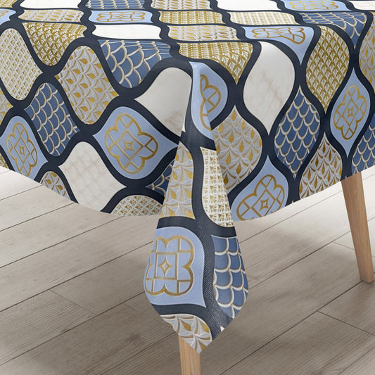 Oilcloth tablecloth embossed Christmas B6014-05 cones gold blue light blue square round oval