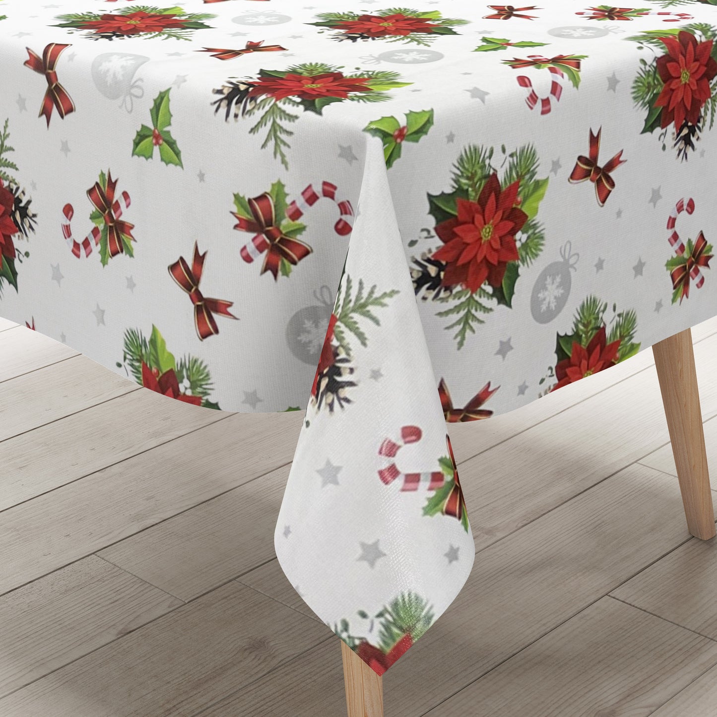 Oilcloth tablecloth embossed Christmas B6023-01 poinsettia white square round oval