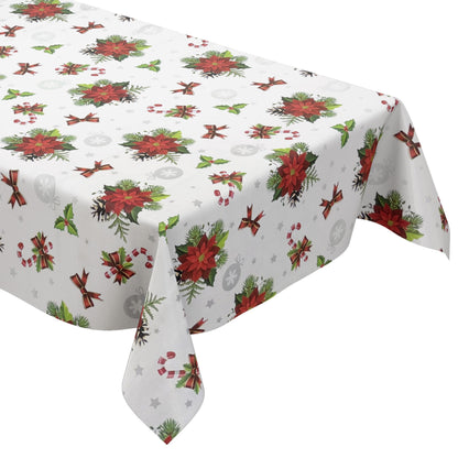 Oilcloth tablecloth embossed Christmas B6023-01 poinsettia white square round oval