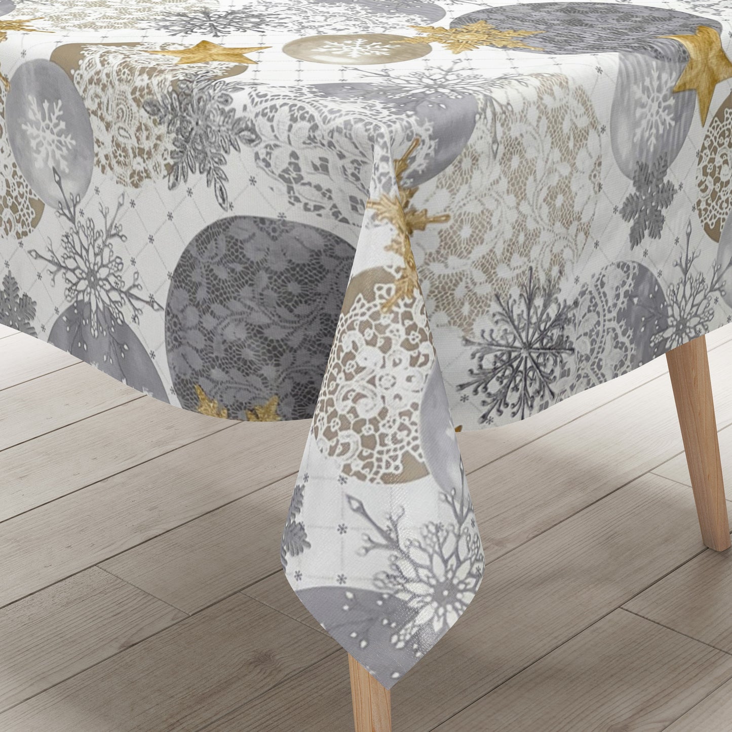 KEVKUS nappe toile cirée Noël B7000-01 étoiles dorées boules grises carrée ronde ovale