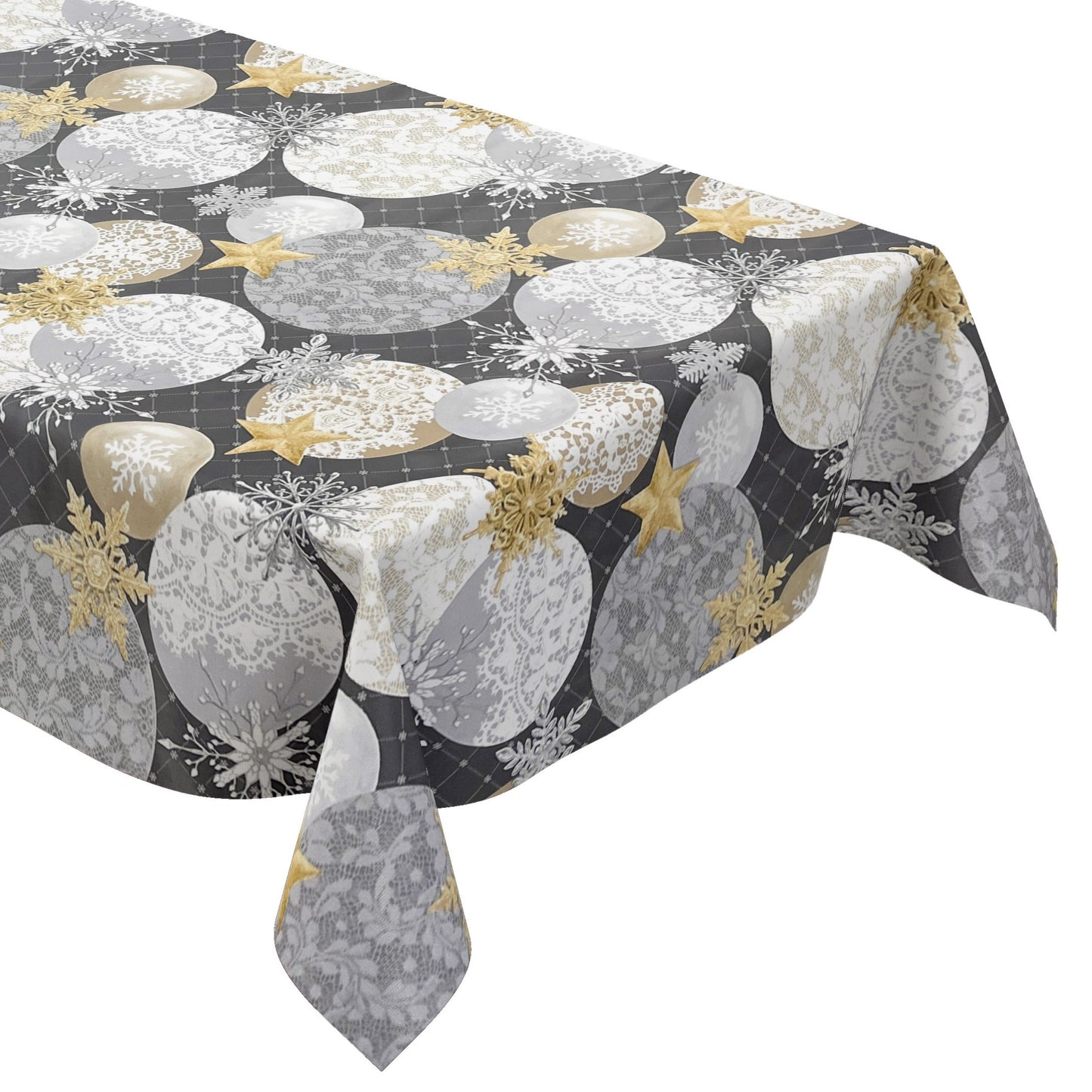 KEVKUS nappe toile cirée Noël B7000-02 étoiles dorées boules anthracite carrée ronde ovale