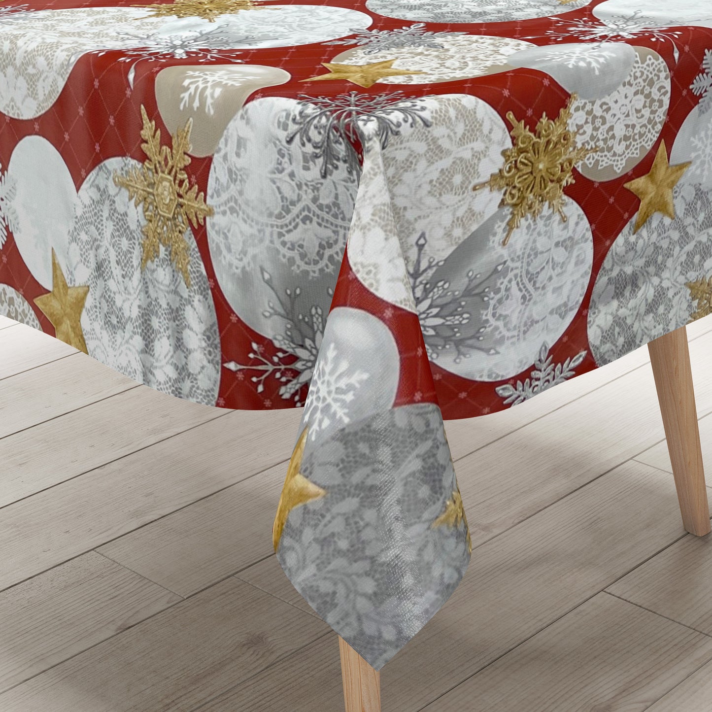 KEVKUS oilcloth tablecloth Christmas B7000-03 golden stars red balls square round oval