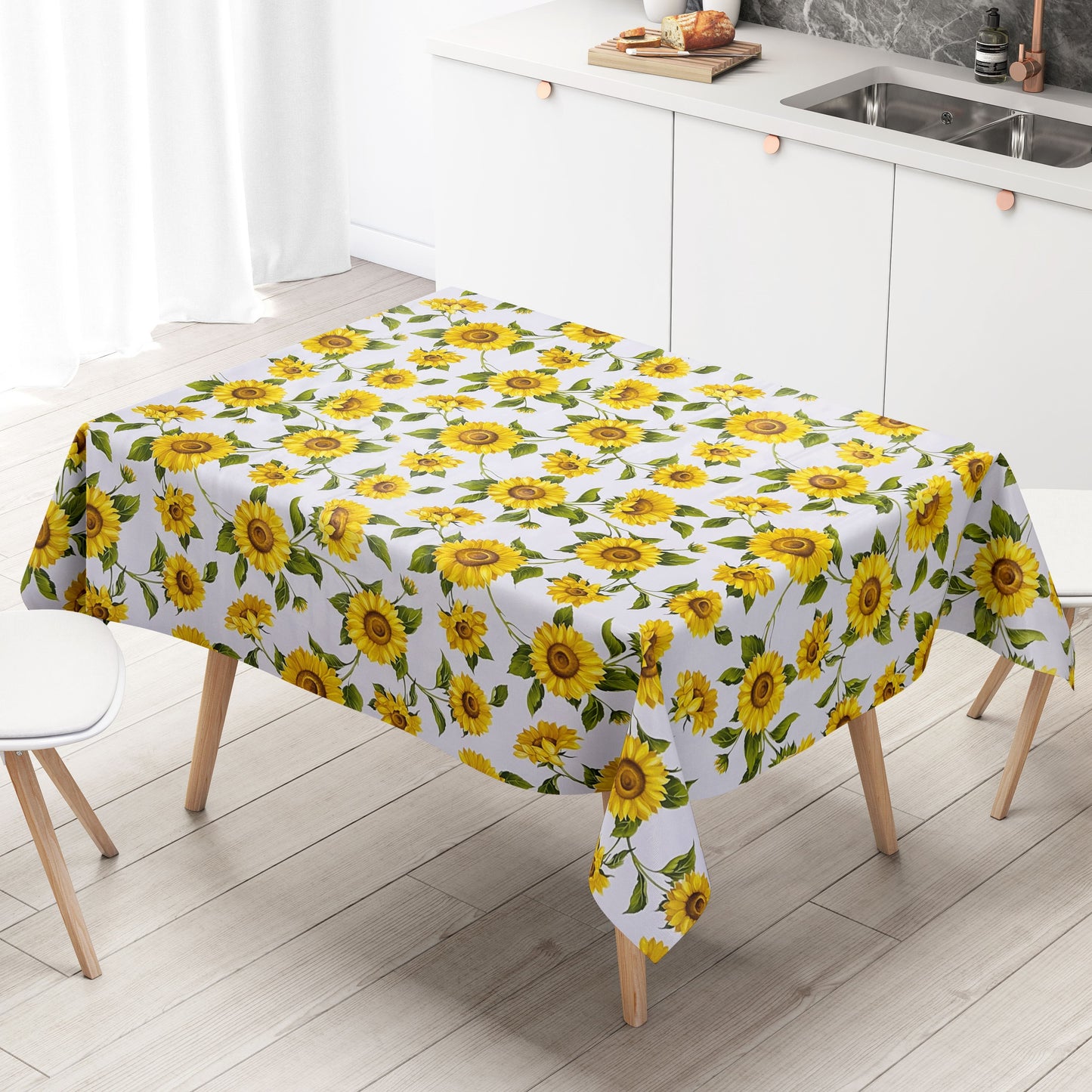 Nappe toile cirée B8988-01 Tournesols sur carré rond ovale blanc