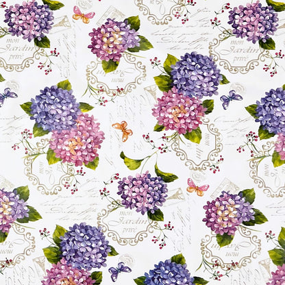 Nappe en toile cirée B9029-01 Fleurs d'hortensia sur ovale rond blanc angulaire