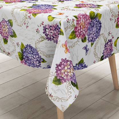 Nappe en toile cirée B9029-01 Fleurs d'hortensia sur ovale rond blanc angulaire