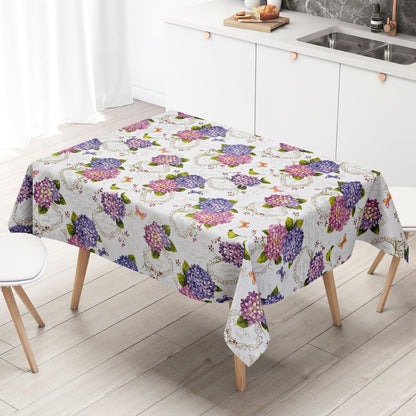 Nappe en toile cirée B9029-01 Fleurs d'hortensia sur ovale rond blanc angulaire