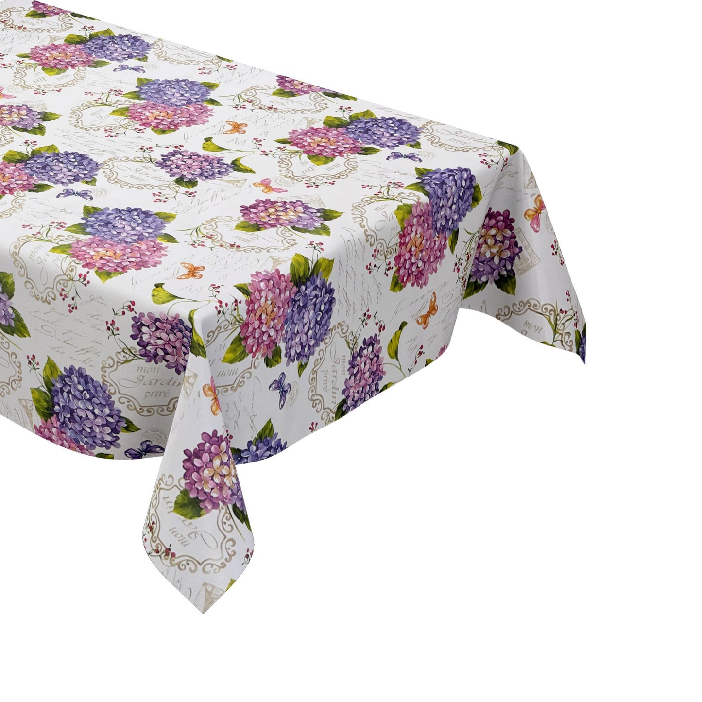 Nappe en toile cirée B9029-01 Fleurs d'hortensia sur ovale rond blanc angulaire