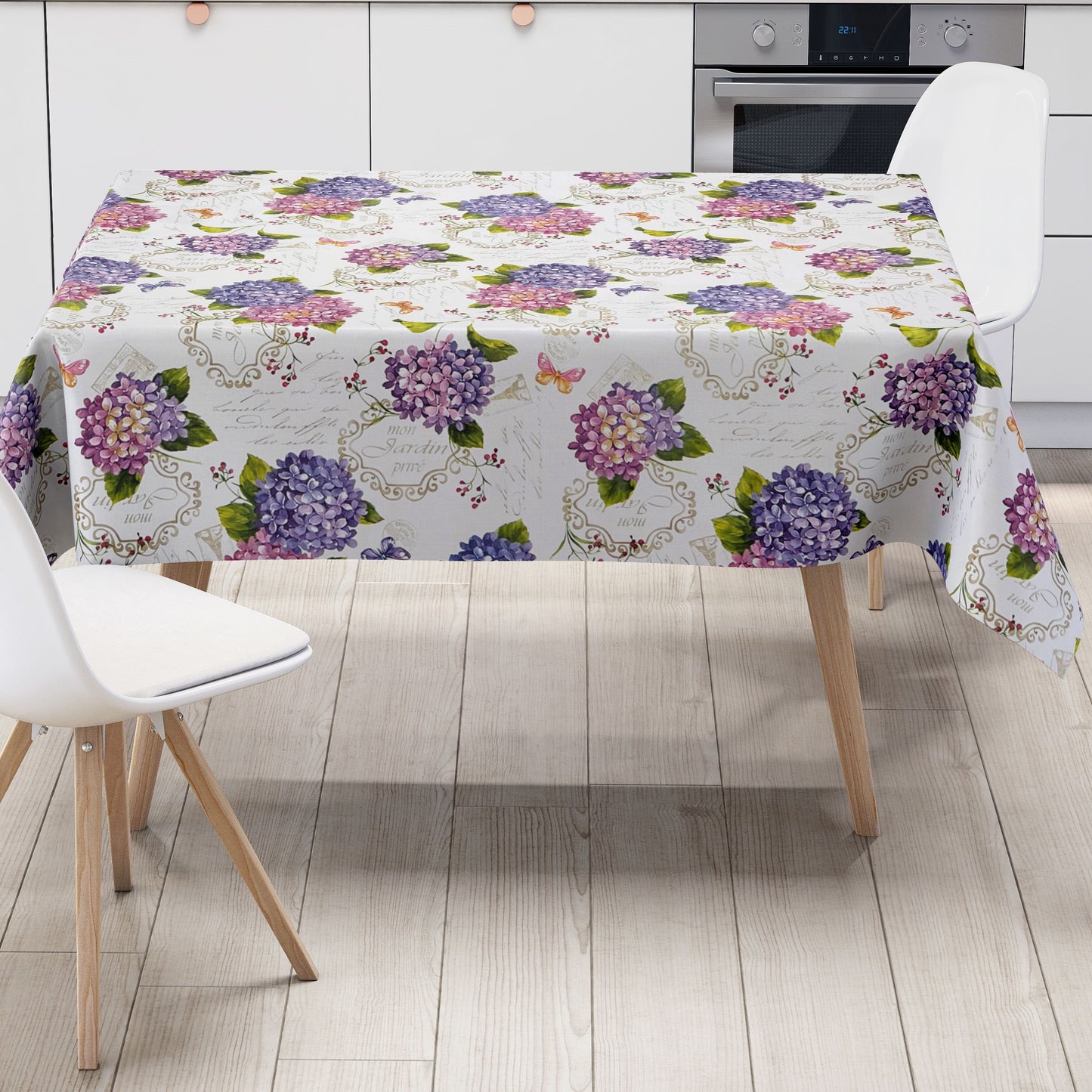Nappe en toile cirée B9029-01 Fleurs d'hortensia sur ovale rond blanc angulaire