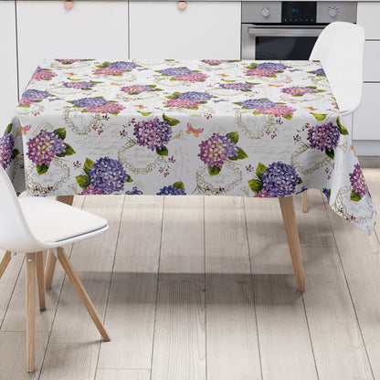 Nappe en toile cirée B9029-01 Fleurs d'hortensia sur ovale rond blanc angulaire