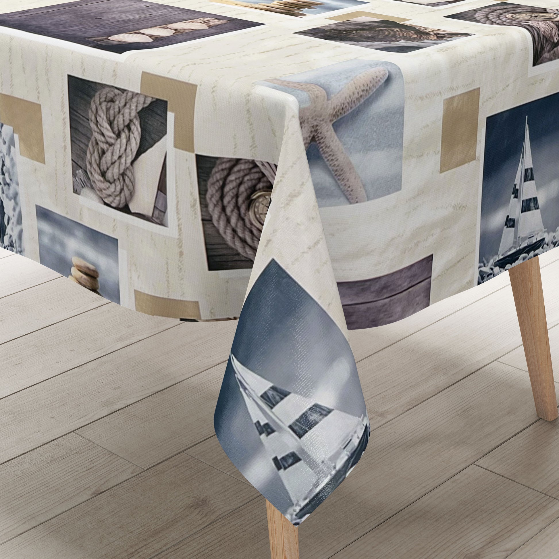abwaschbare Wachstuch Tischdecke eckig rund oval maritim ostsee seestern Boot Nordsee blau-weiß
