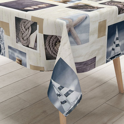 abwaschbare Wachstuch Tischdecke eckig rund oval maritim ostsee seestern Boot Nordsee blau-weiß